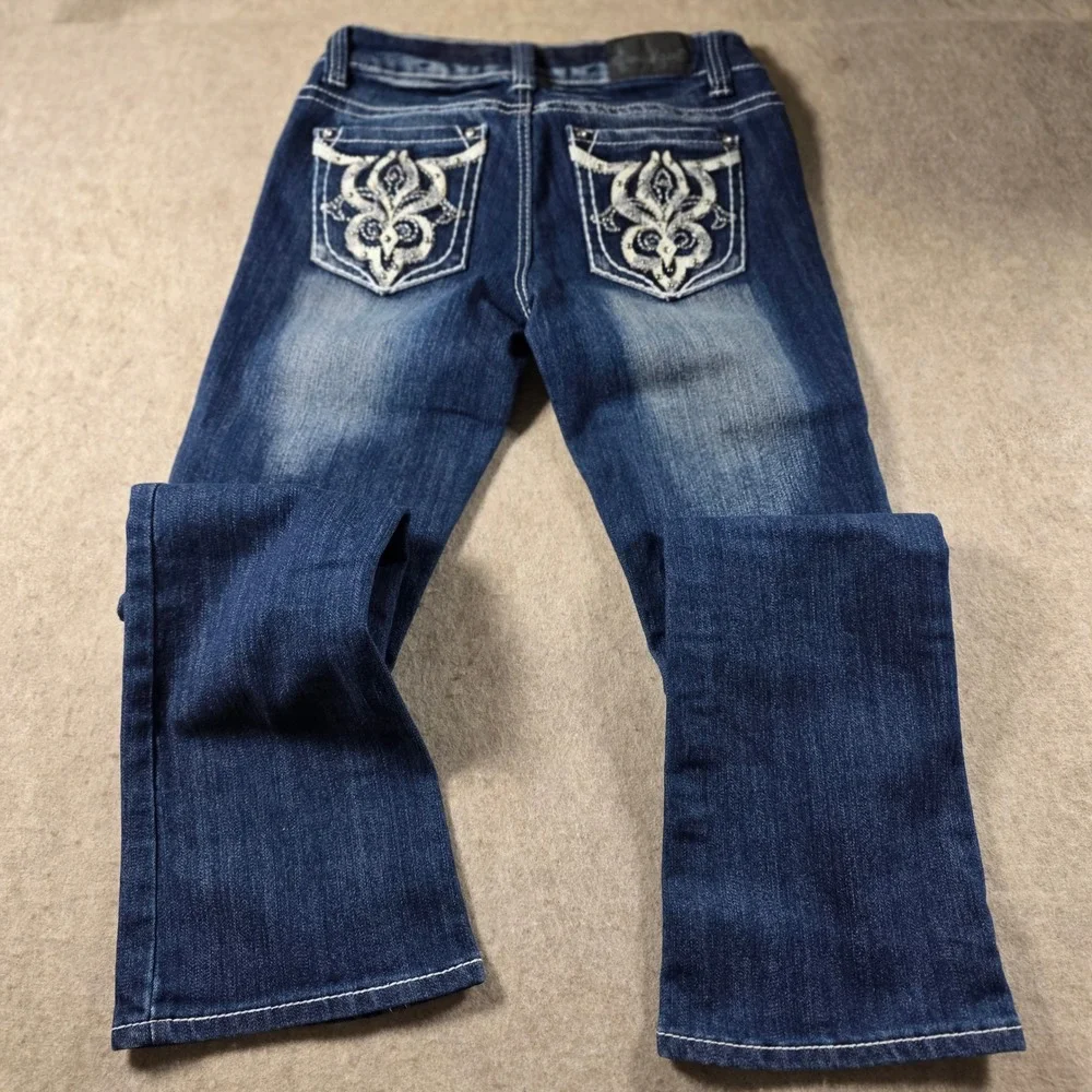 Soundgirl Womens Bootcut Jeans Dark Wash Embroidered Studded Pockets Size 7 Y2K